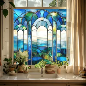 Detail view of gothic stained glass window film showcasing vibrant colors and home decor setup.