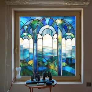 Detailed view of colorful stained glass window film installed on indoor window, static cling.