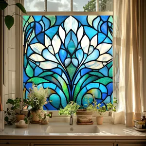 Detailed view of colorful stained glass window film, decorative privacy sticker for windows.