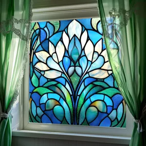 Decorative stained glass window film, blue floral PVC static window sticker for home decor.