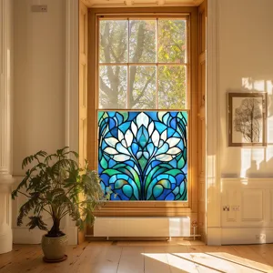 Close-up detail of colorful PVC static stained glass window film featuring elegant floral design.