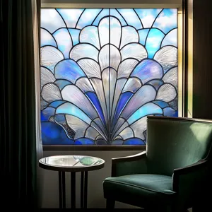 Decorative stained glass window film static cling blue fan pattern home decor glass sticker