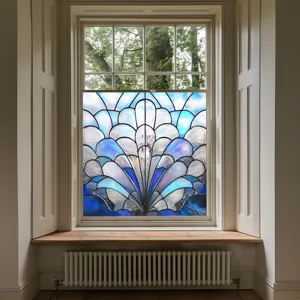 Decorative stained glass window film for home with blue and white pattern, static cling.