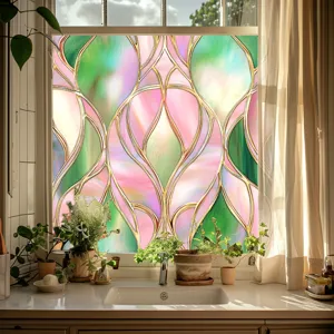 Close-up detail of colorful stained glass window film showing vivid gradients and gold lines.