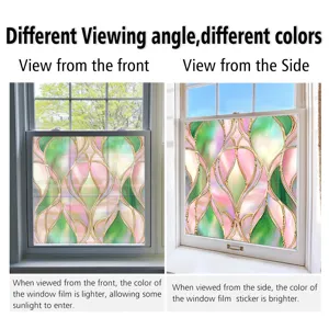 Detail view of colorful stained glass window film showing different color variations.