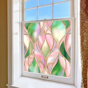 Details of stained glass window film, floral pattern, colorful electrostatic PVC glass sticker.