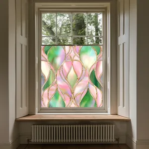 Static glass window film with colorful stained glass design for home decoration detail.