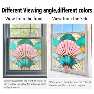 Decorative PVC stained glass window film with art deco shell pattern, static cling design.