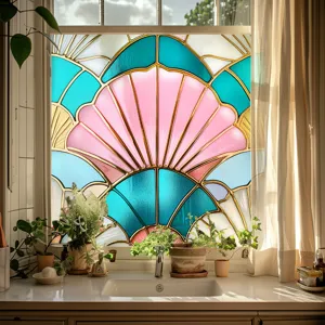 Detailed shot of Art Deco shell stained glass window film in kitchen, vibrant static cling decal.