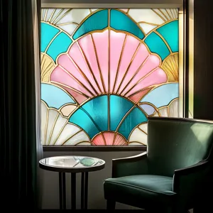 Decorative stained glass window film with art deco seashell design for home interior details.