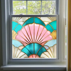 Decorative stained glass window film, pink and turquoise shell pattern PVC static cling for home.