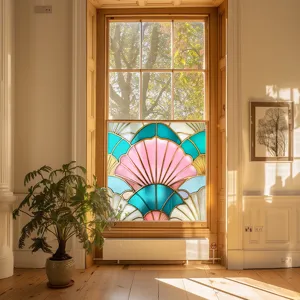 Decorative stained glass window film with colorful shell pattern, static cling, easy use.