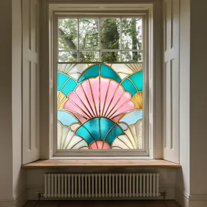 Decorative window film stained glass art deco shell pattern static cling home interior detail view