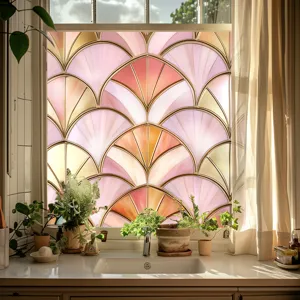 Close-up of art deco stained glass window film, featuring vibrant pink fan pattern for home privacy.