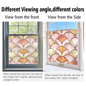 Detailed view of colorful geometric window film showing different color effects from angles.