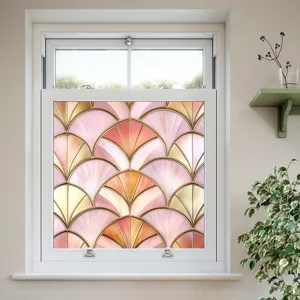 Decorative window film stained glass pink gold Art Deco scallop pattern static cling DIY home decor