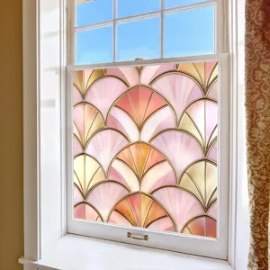 Decorative window film detail showing pink fan pattern, static cling PVC glass sticker.
