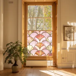 Colorful PVC static window film with artistic fan pattern for home glass decoration.