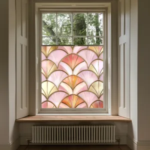 Decorative colorful PVC static window film featuring elegant pink gold fan pattern for privacy glass.
