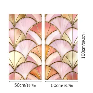 Art deco pink gold fan pattern glass window film detail, static cling decorative privacy.