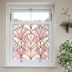 Decorative stained glass window film with pink fan pattern, static cling adhesive free design.
