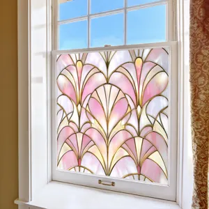 Close-up detail of the pink Art Deco stained glass window film applied on a home glass window.