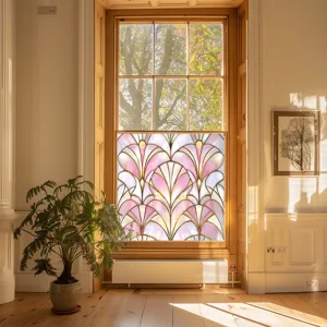 Decorative stained glass window film with pink Art Deco fan pattern for home window decor.