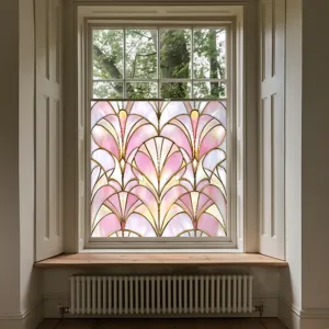 Art deco pink geometric stained glass window film, static cling decorative PVC film detail.