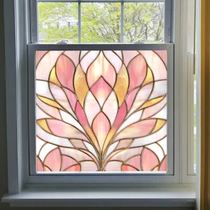 Decorative static cling window film, pink and gold floral stained glass privacy sticker.