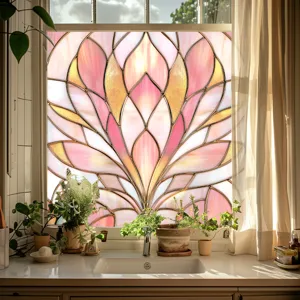 Pink gold stained glass window film static cling floral privacy sticker for home decor detail