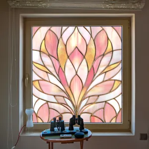 Decorative pink stained glass window film, static cling glass sticker for home and office.