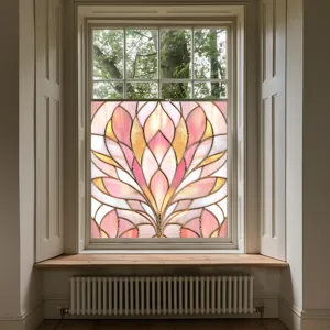 Detail view of decorative stained glass window film with pink floral pattern for home decor.