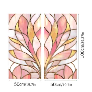Colored PVC static cling window film with elegant pink leaf stained glass design, 50x100cm.