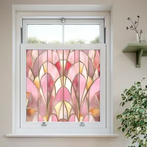 Decorative stained glass window film, pink art deco self-adhesive privacy glass sticker detail.