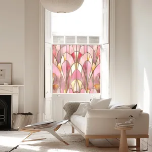 Pink Art Deco stained glass window film, static cling decorative privacy glass sticker.