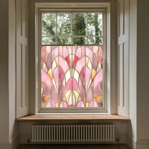 Decorative pink stained glass window film, static cling privacy art deco glass sticker for home.