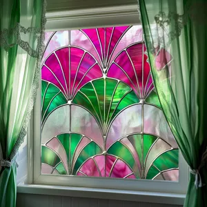 Decorative stained glass window film detail, pink and green fan pattern PVC sticker, home decor.