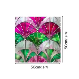 Close-up detail of colorful Art Deco fan pattern stained glass window film, 50x50cm