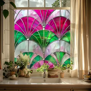 Stained glass window film detail view, colorful geometric art deco pattern installed on glass.