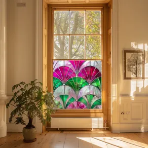 Colorful PVC static cling window film with stained glass fan pattern for home decor.