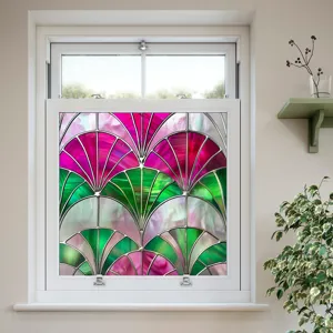 Decorative colorful PVC static window film with artistic fan pattern for home glass privacy.