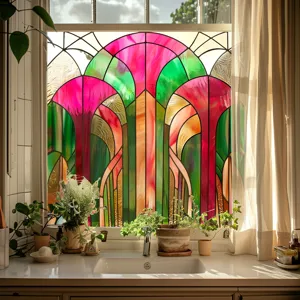 Close-up of colorful stained glass window film diffusing warm light on kitchen window.