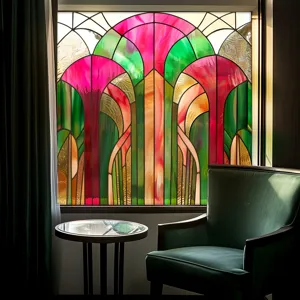 Stained glass window film interior decor detail showing colorful art nouveau pattern.