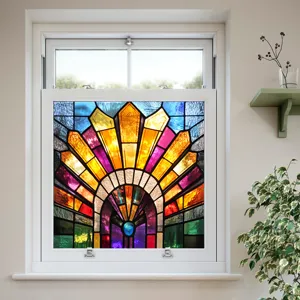 Decorative stained glass window film scene showing a vibrant sunburst design on glass.