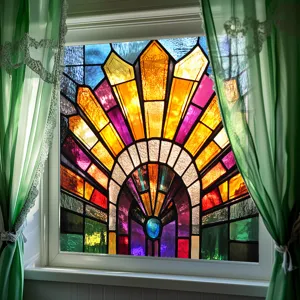 Stained glass window film decorative privacy static cling colorful art deco sunburst design.