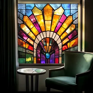 Decorative colorful stained glass window film scene showing vibrant geometric art deco pattern.