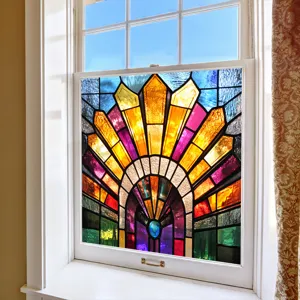 Detailed view of colorful stained glass window film, Art Deco static cling decorative glass sticker.