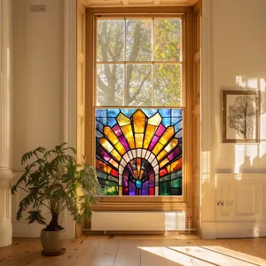 Stained glass window film detail showcasing vibrant colors and geometric art deco pattern.