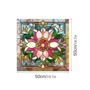Close-up detail of colorful stained glass window film, floral pattern glass sticker 50x50cm