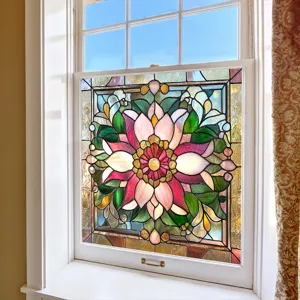 Close-up detail of stained glass window film, vibrant floral mandala design on glass.